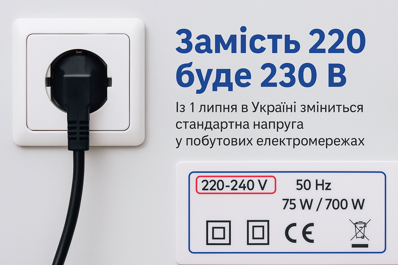 З 1 липня в Україні змінюється стандарт напруги: 230 В замість 220 З 1 липня в Україні змінюється стандарт напруги: 230 В замість 220