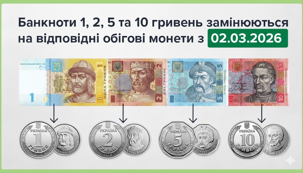 Банкноти 1, 2, 5 та 10 гривень виводять з обігу